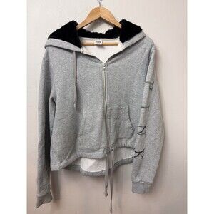PINK Victoria Secret Womens M Gray Full Zip Embroidered Faux Fur Hoodie Cropped